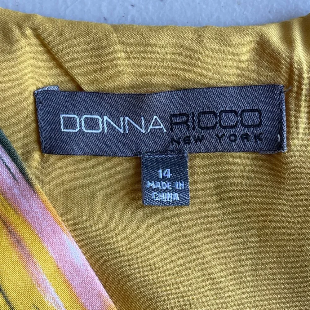Ikat Print Donna Ricco Cotton Blend Yellow Green Sheath Dress 14